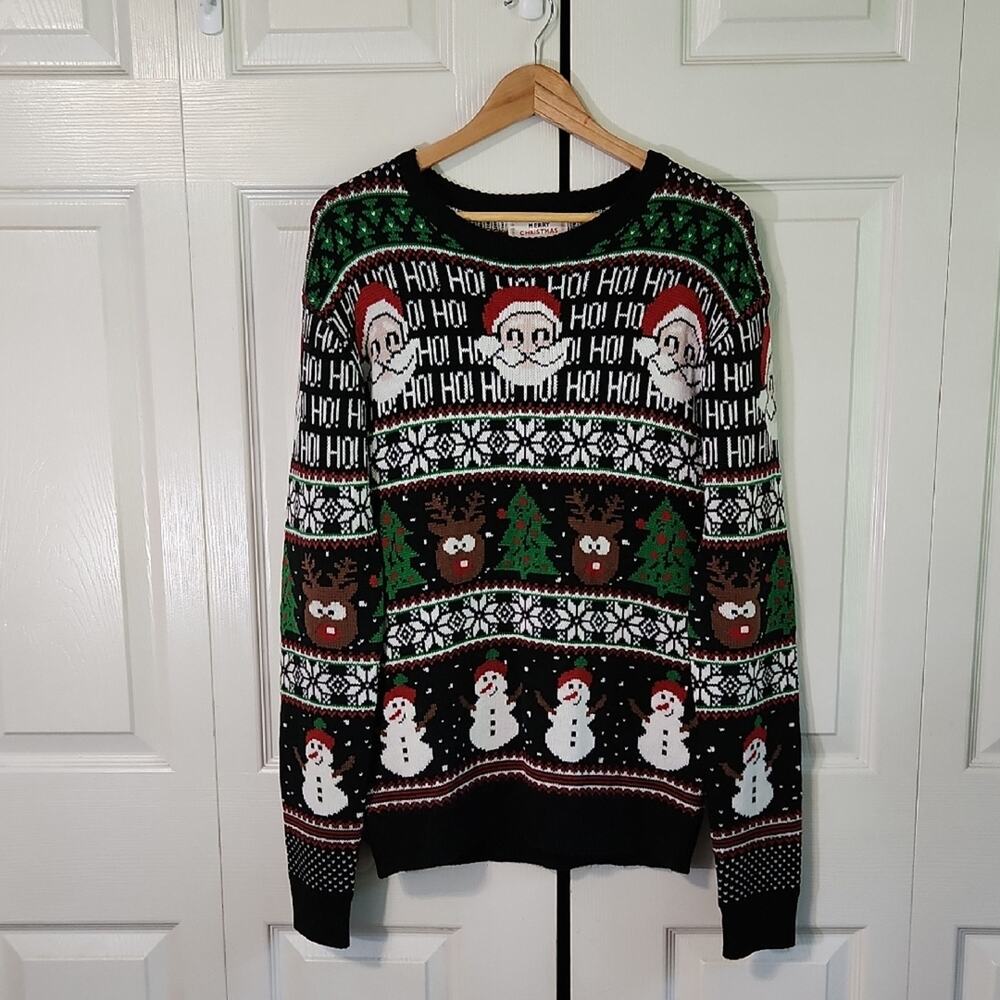 Daisys Boutique Black Holiday Sweater with Santa and Snowman Size Med‎ Reindeer